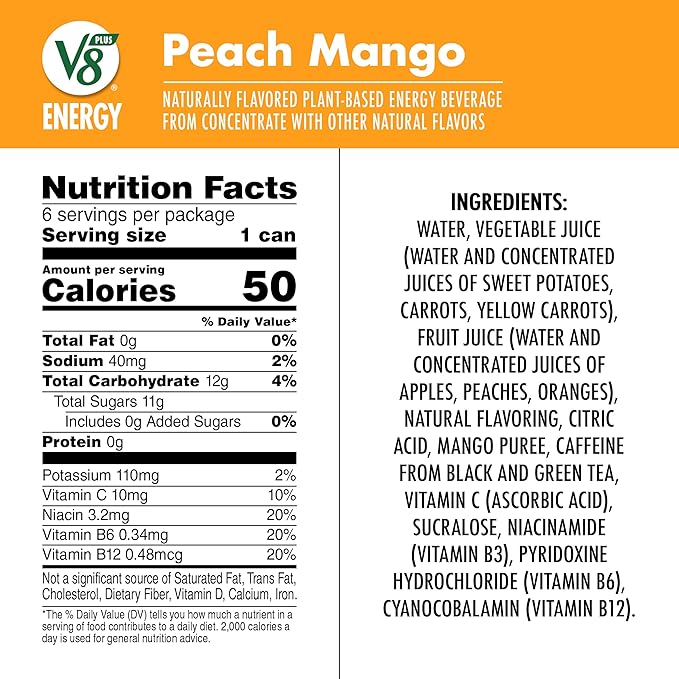 V8 +ENERGY Peach Mango Energy Drink (6 pack) CASE