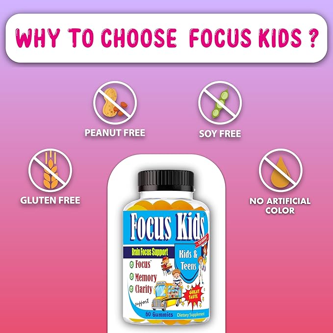 Focus Kids Gummies for Kids and Teens Attention Memory &amp Concentration Focus Supplement for School &amp Study Brain Vitamins for Children DHA &amp Omega 3-6-9 – 60ct