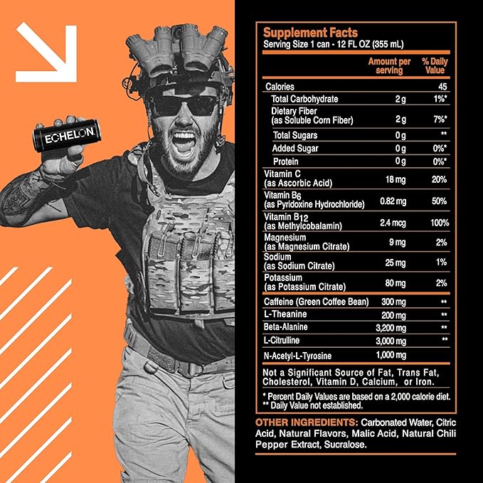 Echelon Pre-Workout Energy Drink - 12-Pack Mango Reaper - Peak Performance Sustained Energy Focus and Endurance Dietary Supplement - 300mg of Caffeine Beta-Alanine L-Theanine &amp Fiber - Vegan