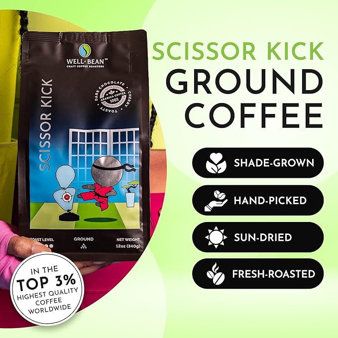Well-Bean Coffee - Scissor Kick Blend Ground Coffee Gluten-Free Keto Coffee Papua New Guinea Brazilian and Sumatra Coffee Dark Roasted Coffee 2 lb