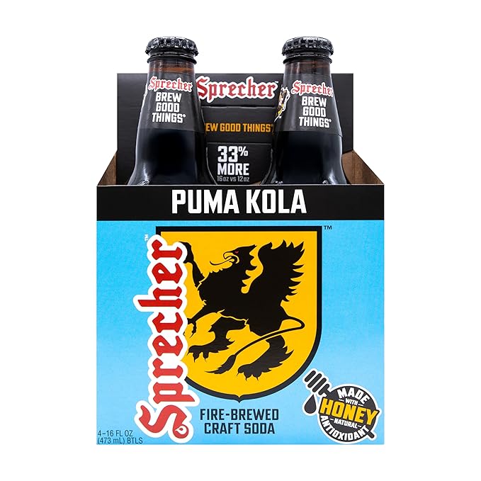 Sprecher Puma Kola in 16 fl oz Glass Bottles (12 Pack) Fire Brewed Craft Cola Soda with Real Honey Smooth Classic Cola Flavor Naturally Flavored Gourmet Soft Drink