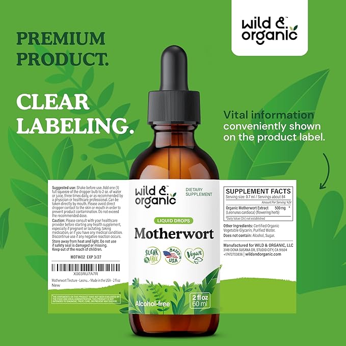 Wild &amp Organic Motherwort Tincture - Good Mood Calmness Women's Support - Motherwort Herb Extract Drops - Vegan Sugar &amp Alcohol-Free Supplement - 2 fl oz
