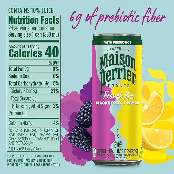 Maison Perrier French Kiss Sweetened Sparkling Juice Beverage Blackberry &amp Lemon Flavors With Real Fruit Juices 24Pk
