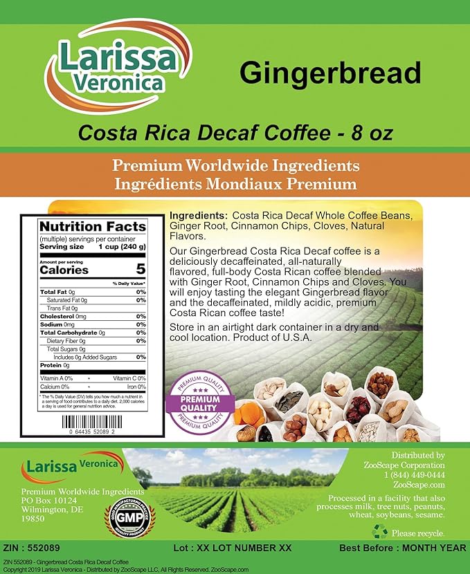 Gingerbread Costa Rica Decaf Coffee (Gourmet Naturally Flavored Whole Coffee Beans) (8 oz ZIN: 552089) - 2 Pack