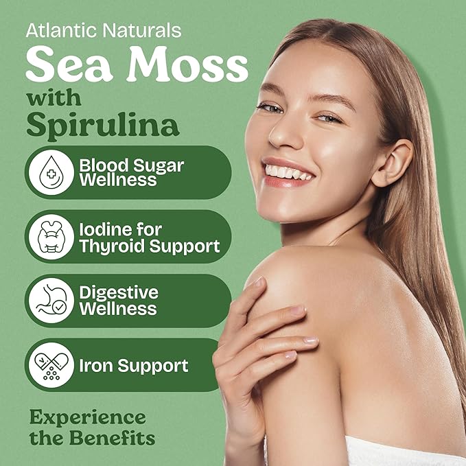 Atlantic Naturals Sea Moss with Spirulina Superfood Capsules - Multivitamin Supplement Supports Healthy Iron and Immune Health Alternative to Seamoss Gel and Powder - Irish Sea Moss Capsules (120 ct)