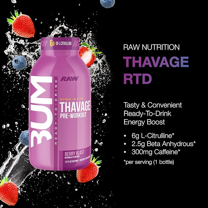 RAW Ready to Drink Pre-Workout Drink - BUM Thavage RTD Preworkout Shakes - Energy Supplement Drinks with Beta Alanine L-Citrulline &amp Caffeine - Zero Sugar (12 Pack Berry Blast)