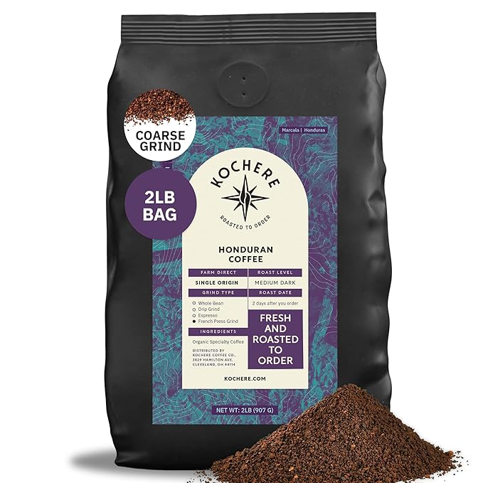 Organic Honduran Coarse French Press Grind Coffee – 2LB Single Origin Arabica Medium-Dark Roast Fair Trade Specialty Grade
