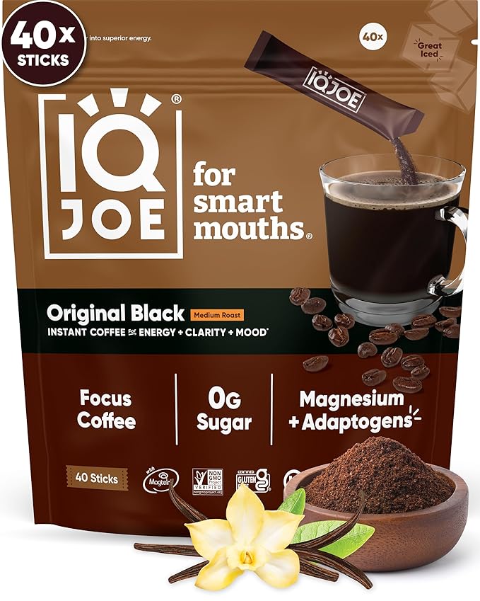 IQJOE Mushroom Coffee Packets (40 Servings) Lion’s Mane Magtein Magnesium Antioxidants Adaptogens - Original Black - Instant Coffee for Focus Clarity Mood Energy Boost - Sugar Free Keto Vegan