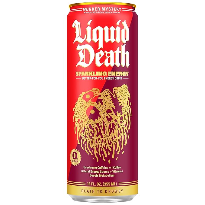 Liquid Death Sparkling Energy - Murder Mystery (Cherry Cream Spice) Zero Sugar Energy Drink Unextreme Caffeine 100mg Essential Vitamins 12 Fl Oz (Pack of 12)