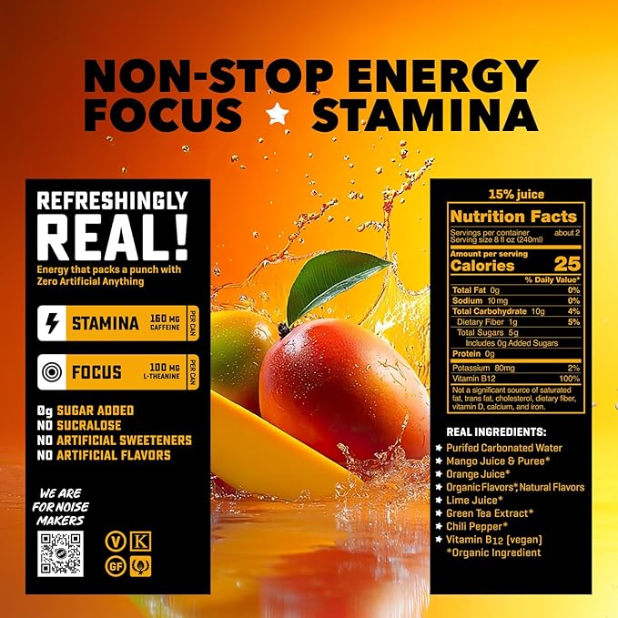 RIOT Clean Energy Drink Mango Zero Artificial Anything No Sucralose Made with Real Fruit No Sugar Added Natural Healthy Energy Stamina &amp Focus 16 Fl Oz (Pack of 12)