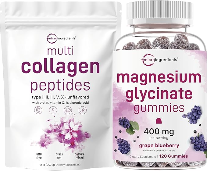 Micro Ingredients Magnesium Glycinate Gummies &amp 8-in-1 Multi Collagen Powder | Bundle | Grape Blueberry | Potent Elemental + Chelated Form | Hydrolyzed Peptides + Biotin Hyaluronic Acid &amp Vi