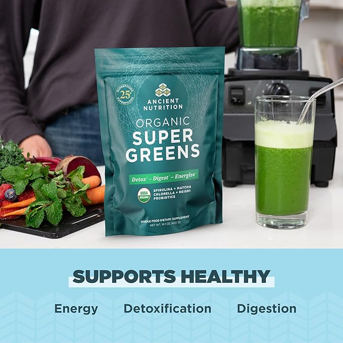 Ancient Nutrition Multi Collagen Peptides Protein Powder Unflavored 100 Servings + Organic Supergreens Powder Unflavored 50 Servings