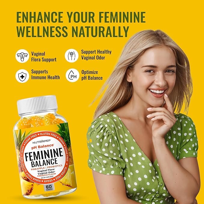 Feminine Balance Probiotics Gummies for Women - Vaginal Health &amp Women's pH Balance Natural Gummy Supplement with Cranberry Pineapple Powder - Sugar Free Gluten Free Vegan (Pack of 2)