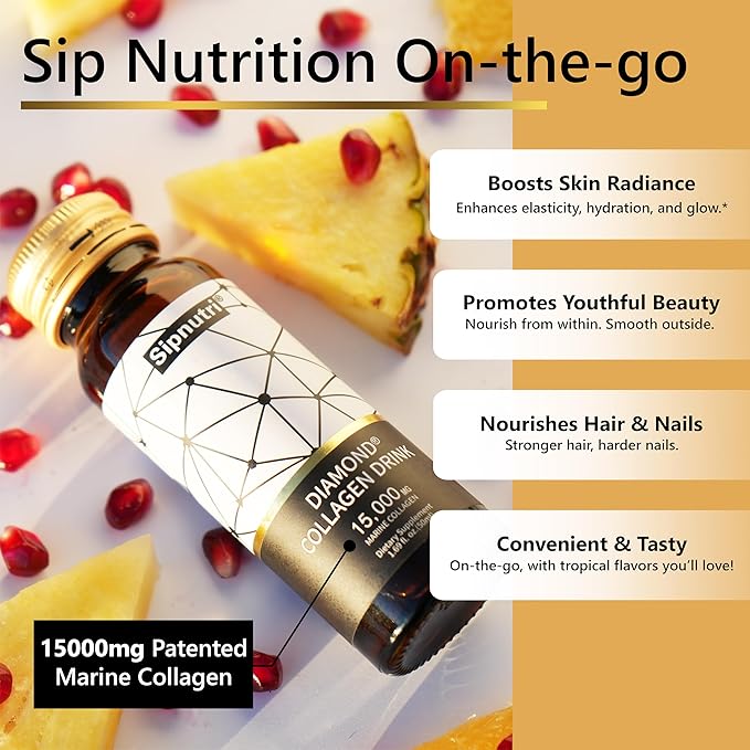 Diamond Marine Collagen Drink for Women and Men 15000mg Hydrolyzed Collagen Peptides with Vitamin C Pomegranate Healthy Hair Skin Nails Joints Bones Support 50 ml x 10 Bottles