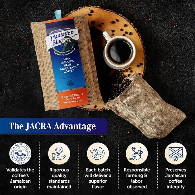 Plantation Blue 100% Blue Mountain Coffee Dark Roast Whole Bean Premium Jamaican Coffee 12oz