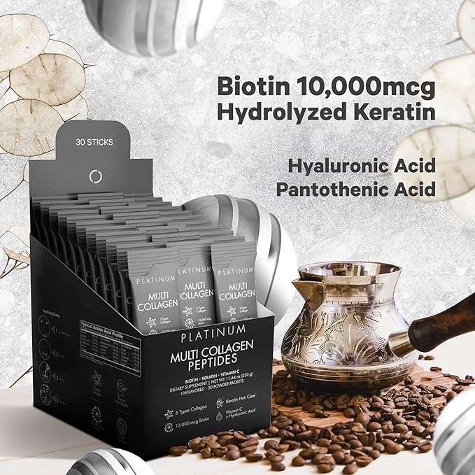 Codeage Multi Collagen and Biotin 10000 mcg + Vitamin C B6 &amp D3 Keratin Hyaluronic Acid Niacin 18 Amino Acids - Stick Packs Supplement - 5 Types Collagen Protein – 30 Powder Packets