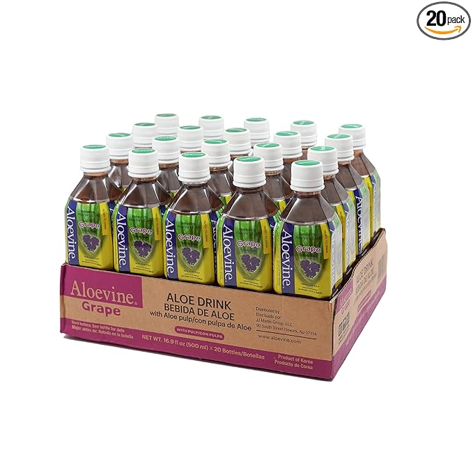 Aloevine Aloe Vera Drink Grape – Drink Aloe Juice with Real Aloe Chunks | Healthy Plant-Based Korean Beverage | Aloe Vera Juice | 16.9 oz Bottles (20 Pack)