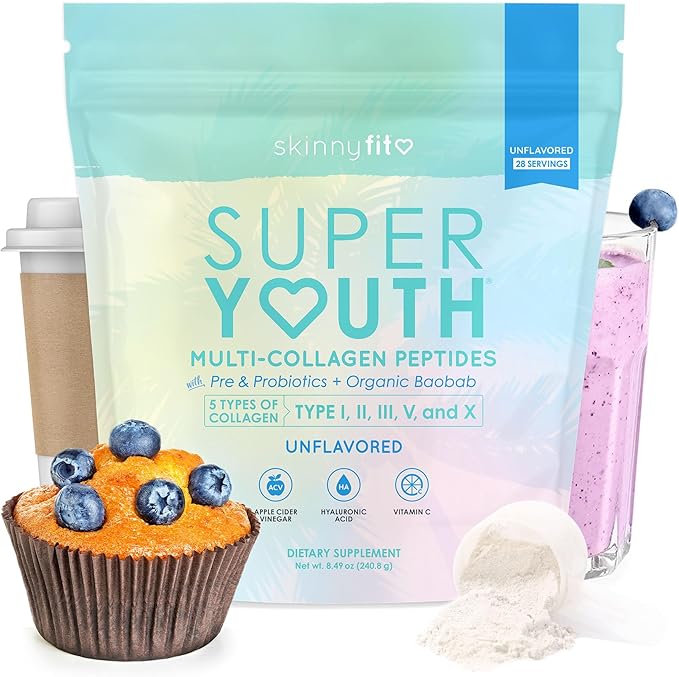 SkinnyFit - Super Youth Collagen for Women - Multi Collagen Peptides Powder - Probiotics Fiber Hyaluronic Acid - Non GMO Gluten Free Sugar Free - Beauty &amp Self Care - Unflavored (28 Servings)
