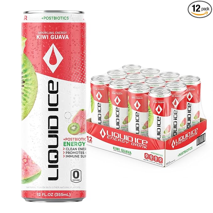 Liquid Ice Energy Drink - With Postbiotics For Gut-Health Natural Caffeine Zero Sugar 120mg Caffeine L- Theanine Antioxidant Support Clean Focused Energy with Green Tea Extract COQ10 Kiwi Guav