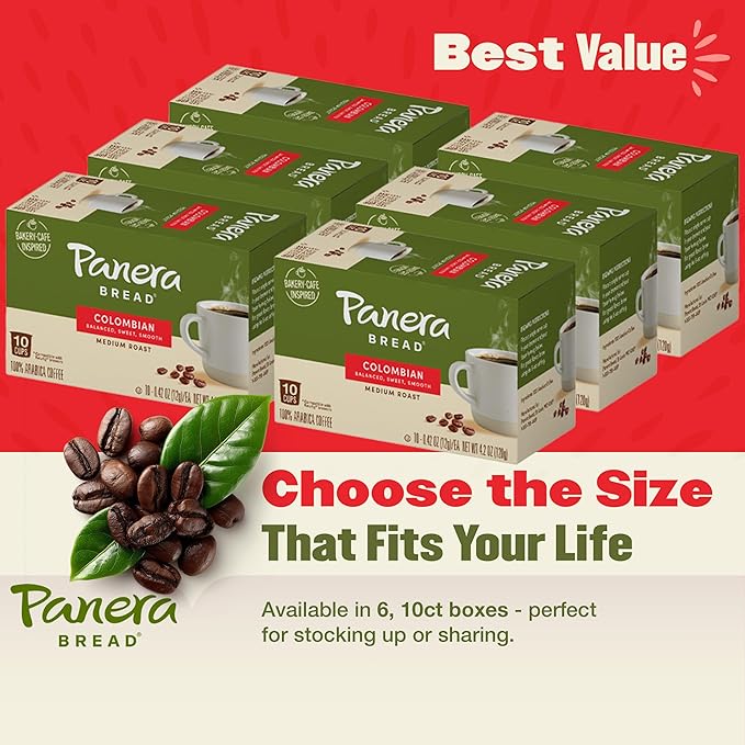 Panera Bread Colombian Coffee Cups 100% Arabica Medium Roast Smooth &amp Balanced with Brown Sugar Notes No Artificial Ingredients 60 Single Serve Pods (6 Packs of 10)