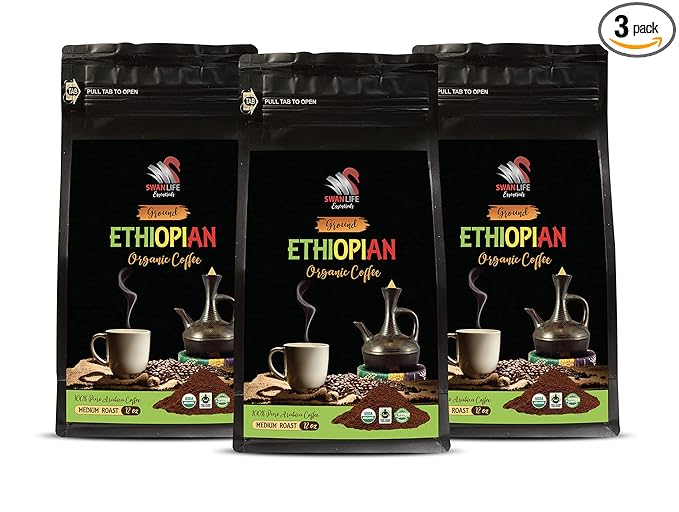 ground coffee breakfast blend - ETHIOPIAN GROUND ORGANIC COFFEE fair trade 100% pure arabica medium roast high acidity - organic non gmo coffee 3 Bags (36 Oz)