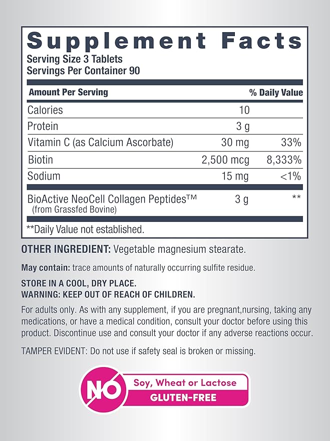 NeoCell Collagen Peptides Pills | 270 Caplets | with Vitamin C and Biotin | Grass Fed Bovine | Hair Skin &amp Nails | for Women and Men