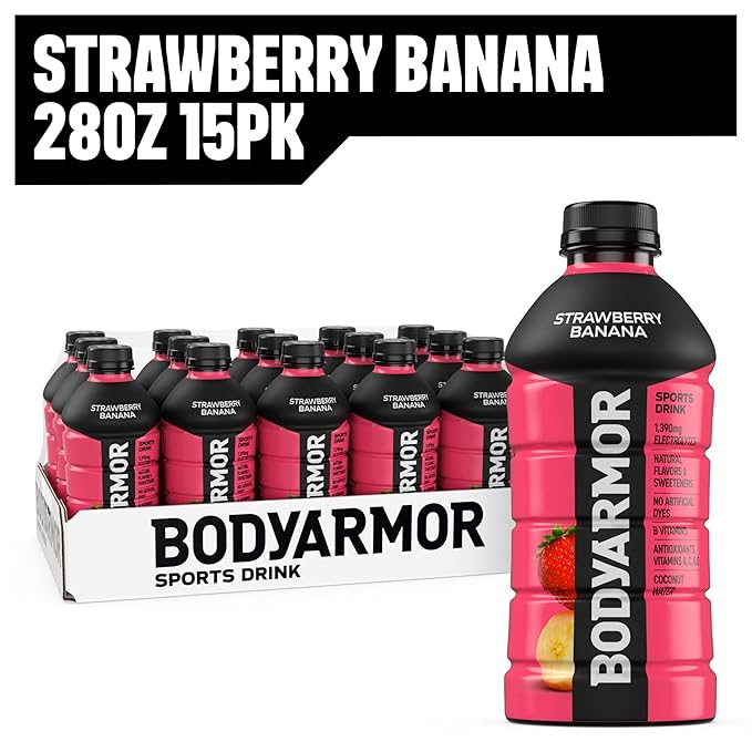 BODYARMOR Sports Drink Strawberry Banana Electrolyte Drink Hydration 28 Fl Oz Bottles (15 Pack) Flavored Coconut Water with B Vitamins &amp Antioxidants