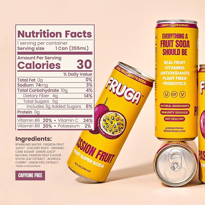 FRUGA Passion Fruit Sparkling Fruit Super Soda Prebiotic Soda Drink Low Calorie Healthy Soda Benefits and Vitamin Boost 12 Fl Oz (Pack of 12)