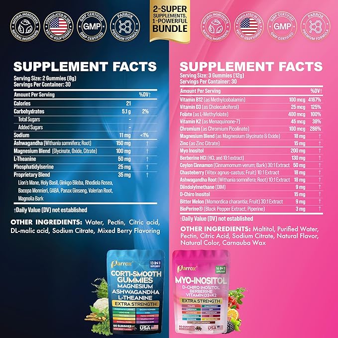 Soothe &amp Smooth Bundle Gummies - Cortisol &amp Myo-Inositol Supplement with D-Chiro Inositol Berberine Magenesium Ashwagandha L-Theanine Vitamins D3+K2 &amp B12 Folate Zinc Lion's Mane (1