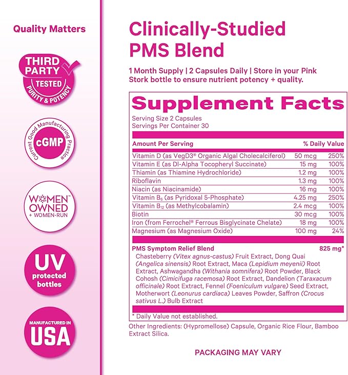 Pink Stork PMS Supplement for Women - Vitex Ashwagandha Maca Root &amp 10 Vitamins &amp Minerals to Support Hormone Balance Mood Bloating Period Regularity - 60 Capsules