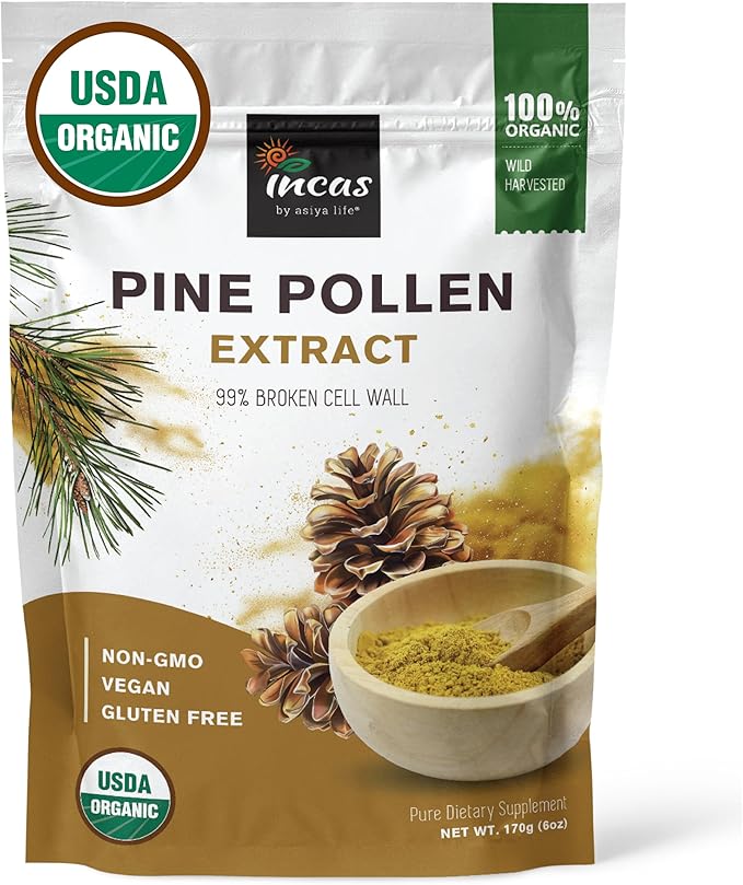 INCAS 100% USDA Organic Pine Pollen Powder (6 Ounces) Non GMO Verified 99% Cracked Cell Wall Wild HARVESTED Non-Irradiated Boosts Energy &amp Immune Support No Fillers or Additives