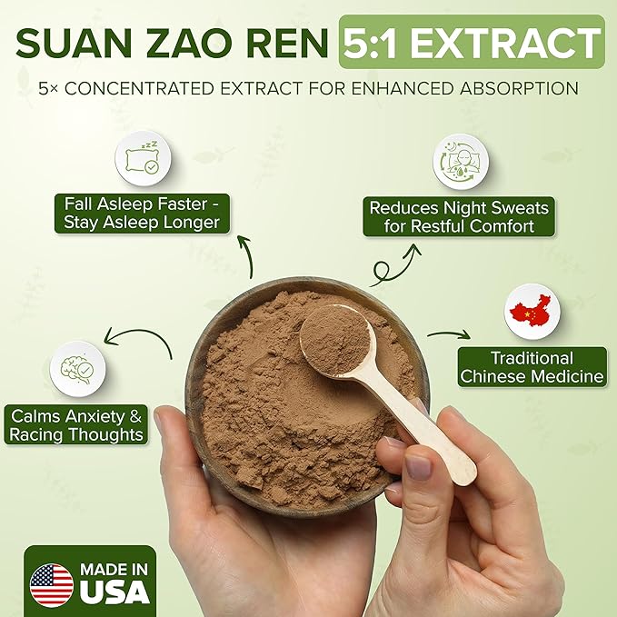 Dimmak Herbs Organic Suan Zao Ren 5:1 Extract (Sour Jujube Seed)- Premium Natural Sleep Aid for Insomnia Anxiety &amp Night Sweats- Calms The Spirit (Shen)- Non-Habit Forming (4oz)