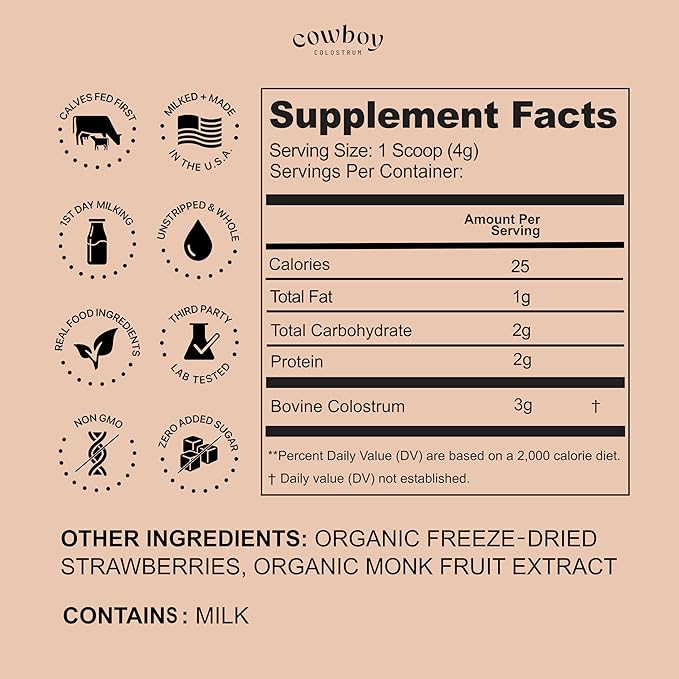 COWBOY - The Exclusive 1st Milking Whole Grass Fed Colostrum Supplement for Full Body Health - Bovine Colostrum Powder Packed w/Bioactive Nutrients - Sugar Free (Strawberry 30 Servings)