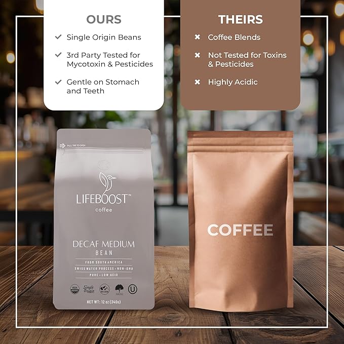 Lifeboost Medium Roast Swiss Water Decaf Whole Bean Coffee - Low Acid Organic Decaf Coffee Non-GMO USDA Organic Single Origin Third-Party Tested for Mycotoxins &amp Pesticides - 12 oz Bag