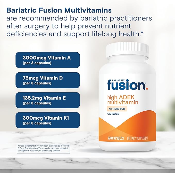Bariatric Fusion High ADEK Multivitamin Capsule with 45mg Iron | Multi for Duodenal Switch Surgery Patients | Easy to Swallow Vitamin | 270 Capsules | 3 Month Supply