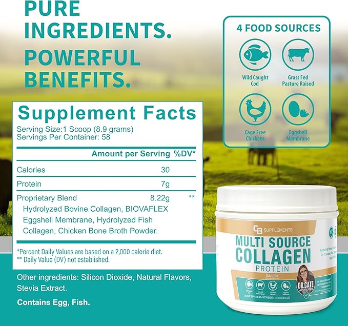 CB Supplements Multi Collagen Protein – Hydrolyzed Collagen for Joint Skin Gut Hair &amp Nail Health – Vanilla Flavored Powder with Types I II III V &amp X – Grass-Fed &amp Clean – 58 Serving