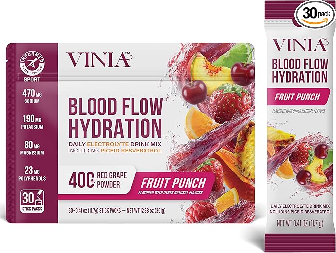 VINIA Resveratrol Electrolyte Hydration Powder Mix | Boost Blood Flow &amp Circulation | Sea Salt Coconut Water Potassium Magnesium Informed Sport Certified (30 Sticks Fruit Punch)
