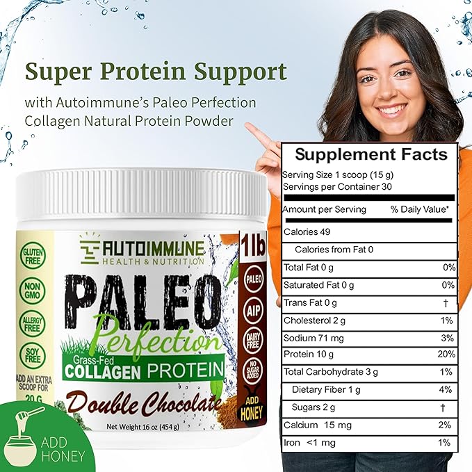 Paleo Perfection Double Chocolate Grass Fed Beef Collagen Protein Powder without Stevia - Paleo Keto SCD AIP Protein Powder w/ Apple Fiber Carrot Broccoli - 1lb Protein Powder &amp Superfood Ble