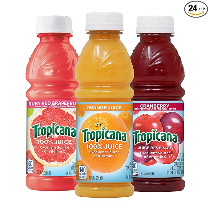 Tropicana 100% Juice Variety Pack - Orange Cranberry Ruby Red Grapefruit Single Serve 10 Fl Oz Bottles (Pack of 24) - Vitamin C Rich No Added Sugars No Artificial Flavors