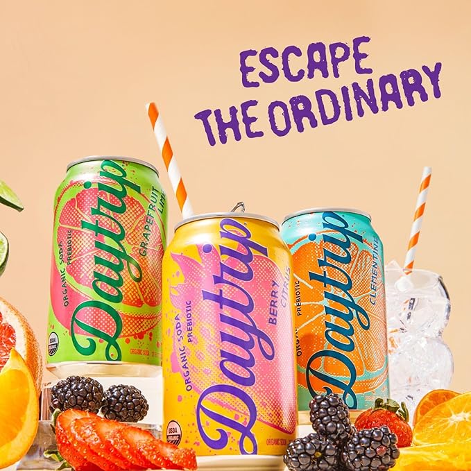 Daytrip Organic Sparkling Prebiotic Soda Low Sugar Soda and Low Calorie Healthy Soda Alternative Prebiotic Drink for Gut Health Drink and Digestion Refreshing Functional Beverage with Plant-Based F