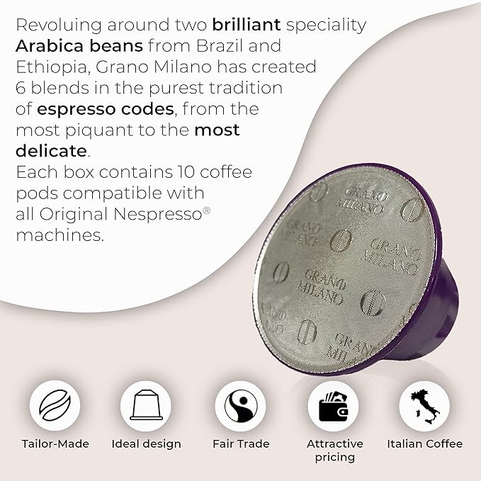 Grano Milano - 50 Espresso Pods Compatible with Nespresso Original line Medium Roast - Intensity 9/12 Coffee Capsules Made in Italy Espresso Coffee