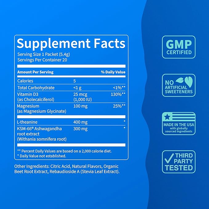 Nello Supercalm Drink Mix - Blue Coconut and Raspberry Lemonade KSM 66 Magnesium Glycinate &amp L-Theanine Supplement - Focus and Relaxation Support (2 x 20 Travel Packets)