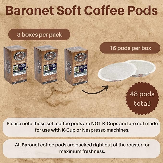 Baronet Coffee Organic Small Village Coffee Pods Bag - Fair Trade Medium Roast - 3 Boxes of 16 Single Serve Pods - 48 Count 12 Grams - Individually Wrapped for Freshness Rich Traditional Flavor