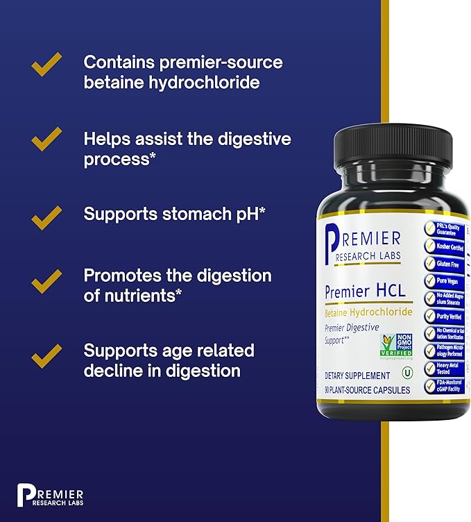 Premier Research Labs Premier HCL - Betaine HCL Betaine Hydrochloride Supplement for Optimal Digestive Function Nutrient Absorption Betaine-HCL for Low Stomach Acid- 90 Vegetarian Capsules