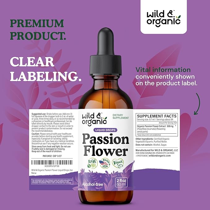 Wild &amp Organic Passionflower Tincture - Relaxing Passion Flower Drops for Women - Liquid Passiflora Incarnata Herb - Vegan Sugar &amp Alcohol-Free Extract Supplement - 2 fl oz