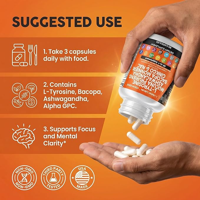Clean Nutraceuticals L Tyrosine Mucuna Pruriens Bacopa Monnieri Ashwagandha Focus Supplement w/N-Acetyl Cysteine NAC 5-HTP Ginkgo Biloba Alpha GPC Vitamin C D B1 B12