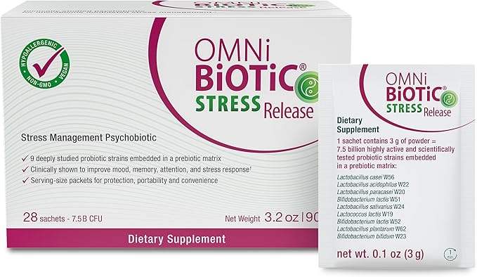 OMNi BiOTiC Stress Release - Clinically Tested Probiotic for Stress Management &amp Gut-Brain Axis Support - Stress Probiotic and Mood Probiotic - Vegan Non-GMO (28 Daily Packets)
