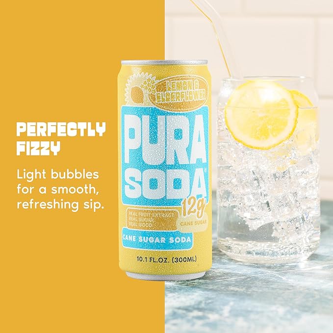 PuraSoda® Lemon &amp Elderflower | 65 Calories &amp 12g Pure Cane Sugar per Can | Non-GMO Vegan | Made with Pure Cane Sugar Clean &amp Refreshing | 10 fl oz (300ml) Cans Pack of 24