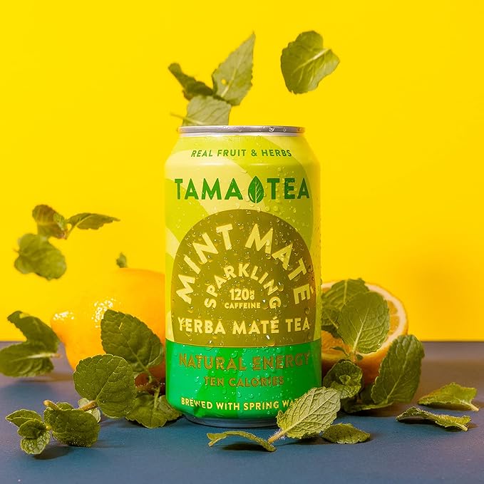 Organic Sparkling Mint Yerba Mate Tea Unsweetened by Tama Tea - Sugar Free Energy Drink Alternative 120mg Natural Caffeine 12 oz (12-Pack)