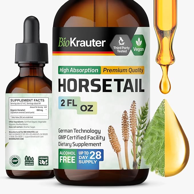 BIO KRAUTER® Horsetail Supplement for Hair Skin &amp Nails - Vegan &amp Pure Horsetail Herb Liquid Drops 660 mg per Serving 2 Fl.Oz. - Silica Hair Supplement - Alcohol &amp Sugar Free - 28 Days of